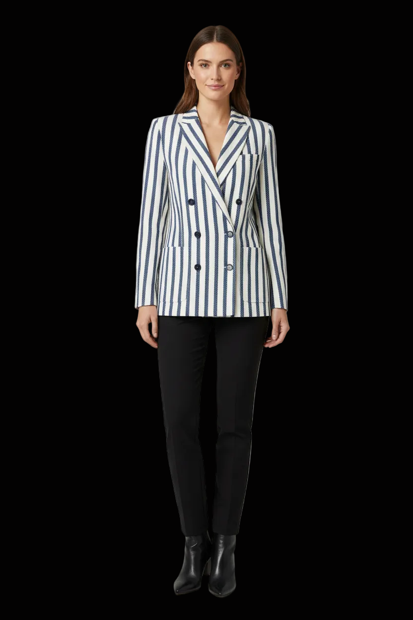 Tommy Hilfiger Collection navy and cream striped silk boyfriend blazer front view on model