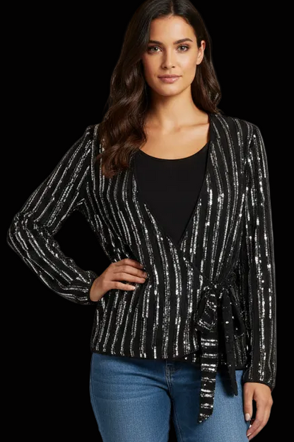 Diane von Furstenberg black sequin tie-front cardigan — rent from Laura Messerschmitt, Berlin stylist