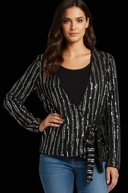 Diane von Furstenberg black sequin tie-front cardigan — rent from Laura Messerschmitt, Berlin stylist