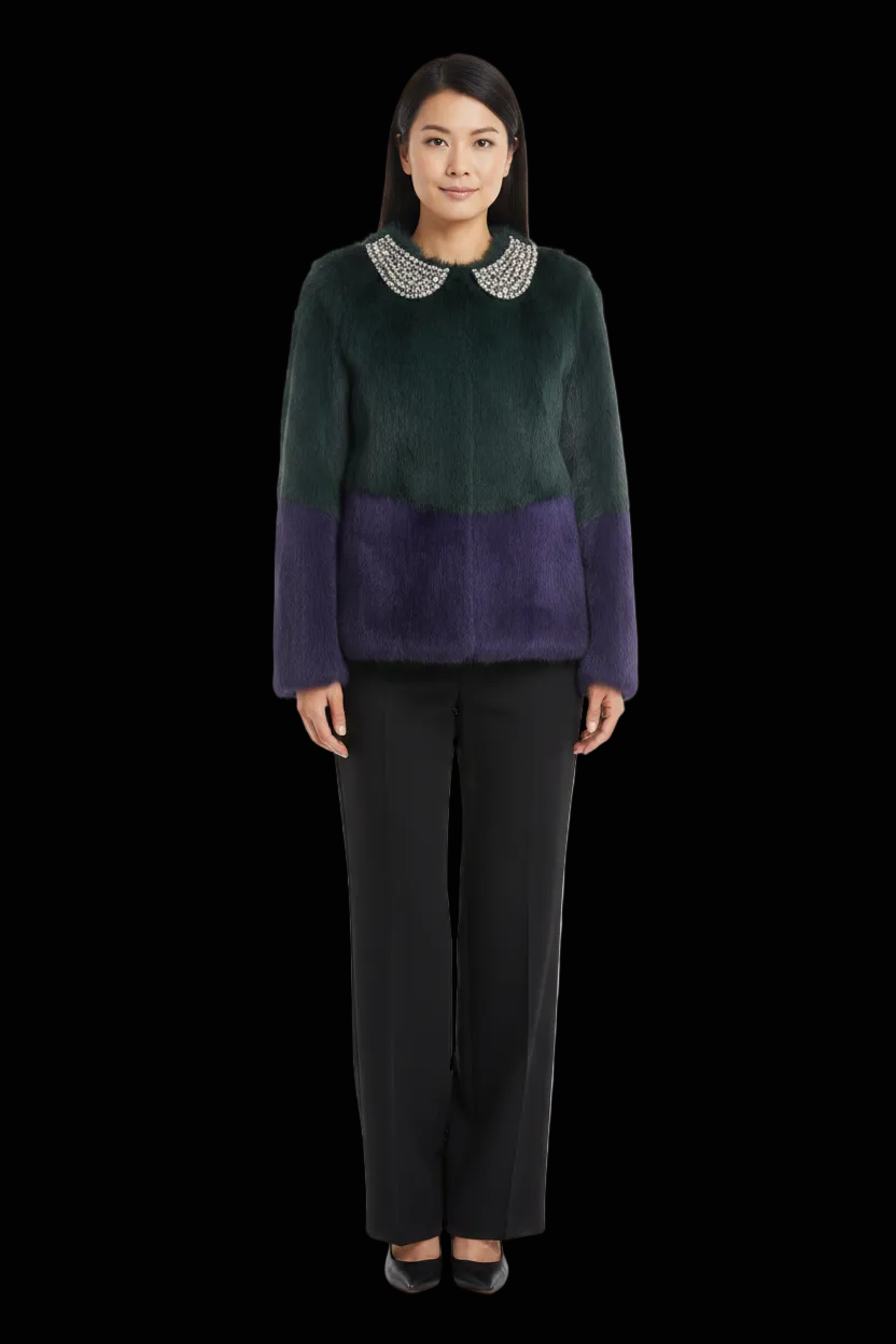 Steffen Schraut — Colour-Block Rabbit Fur Jacket with Crystal Collar in Green & Purple (NWT)