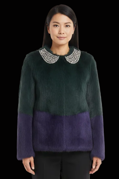 Steffen Schraut colour-block rabbit fur jacket with crystal collar in green & purple (nwt) — rent from Laura Messerschmitt, Berlin stylist