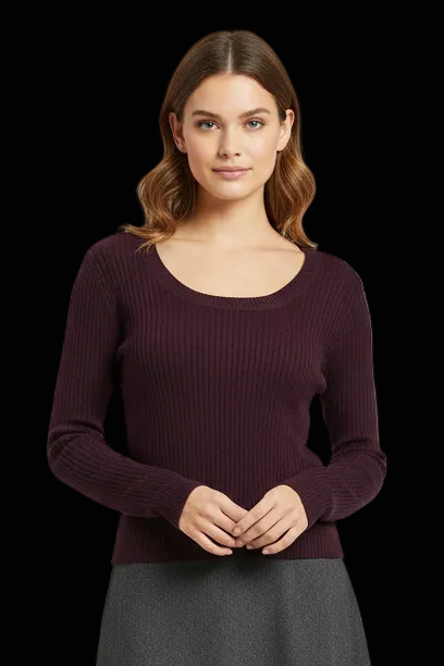 Dorothee Schumacher merino scoop-neck pullover in aubergine — rent from Laura Messerschmitt, Berlin stylist