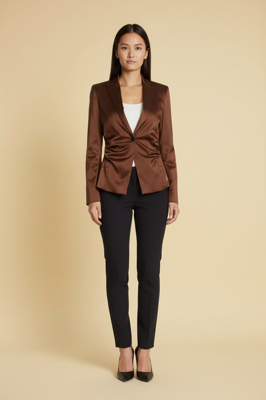 René Lezard vegan satin blazer in copper brown (new) — rent from Laura Messerschmitt, Berlin stylist