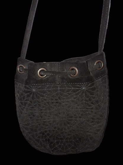 Tosca Blu khaki suede small bucket bag with drawstring and long strap