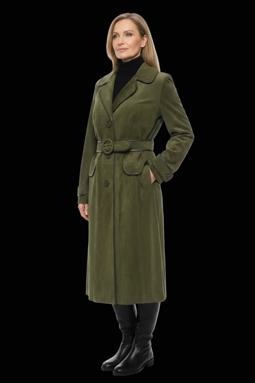 Max Mara belted suede trench coat with leather piping in olive — rent from Laura Messerschmitt, Berlin stylist