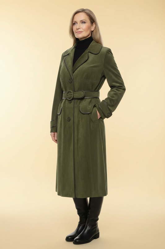 Max Mara belted suede trench coat with leather piping in olive — rent from Laura Messerschmitt, Berlin stylist
