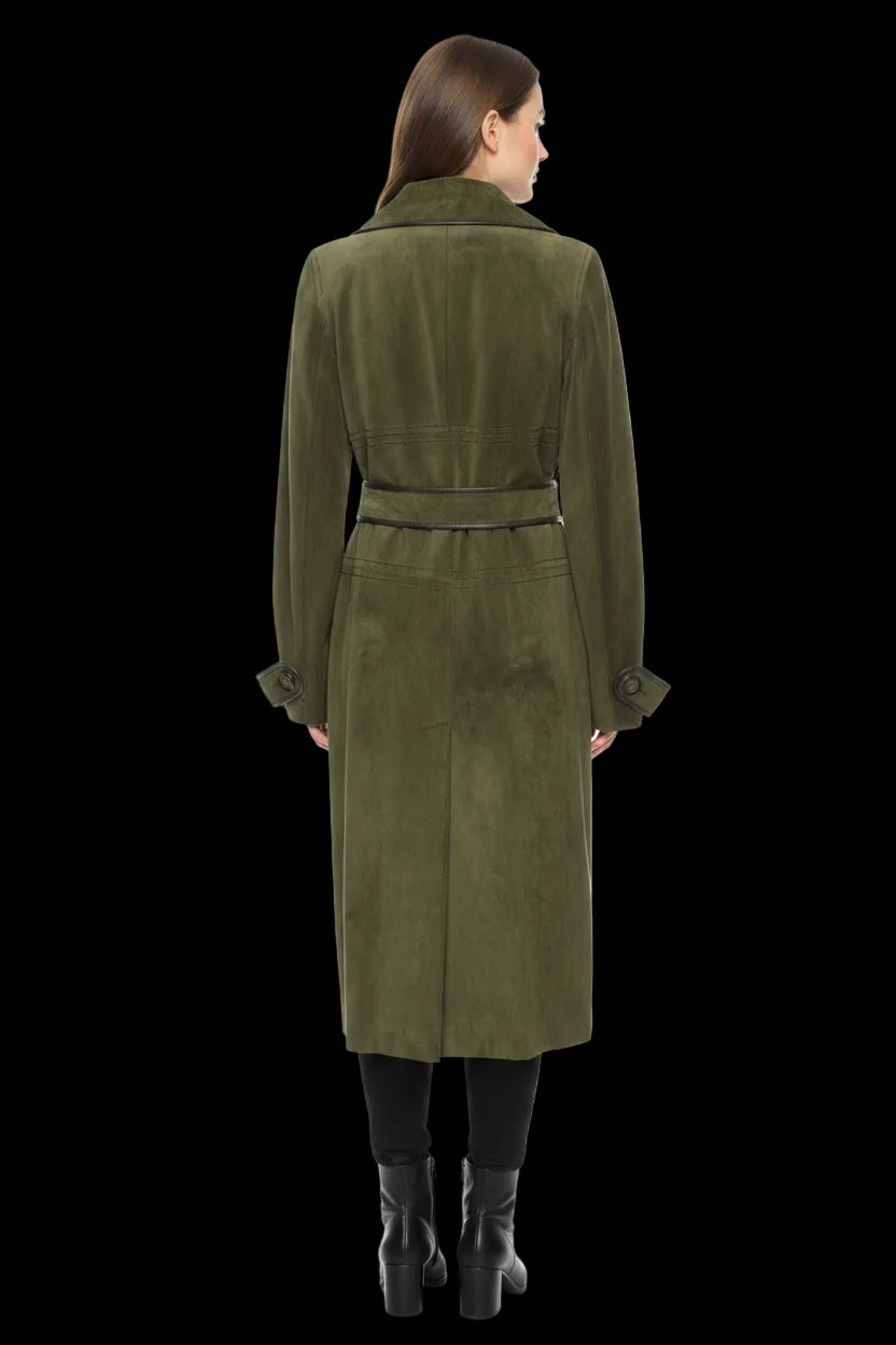 Max Mara belted suede trench coat with leather piping in olive — view 2