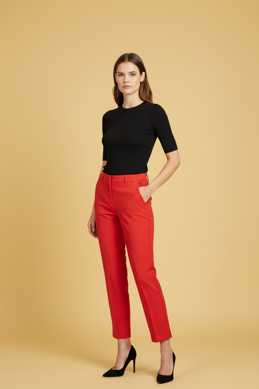 Michael Kors red wool cigarette trousers on model front view