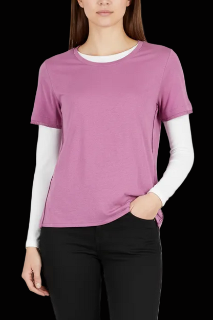 Mulberry silk-linen short-sleeve top in berry — rent from Laura Messerschmitt, Berlin stylist