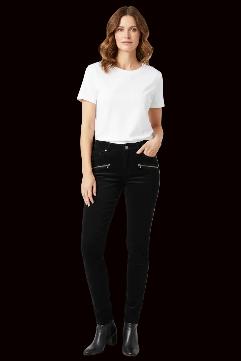 Paige corduroy skinny trousers with zip pockets in black — rent from Laura Messerschmitt, Berlin stylist