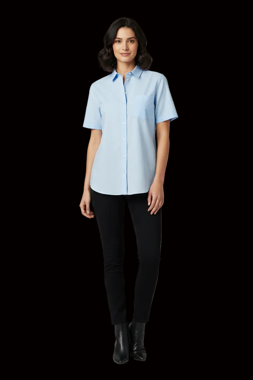Manguun — Vintage 90s Cotton Short-Sleeve Blouse in Light Blue