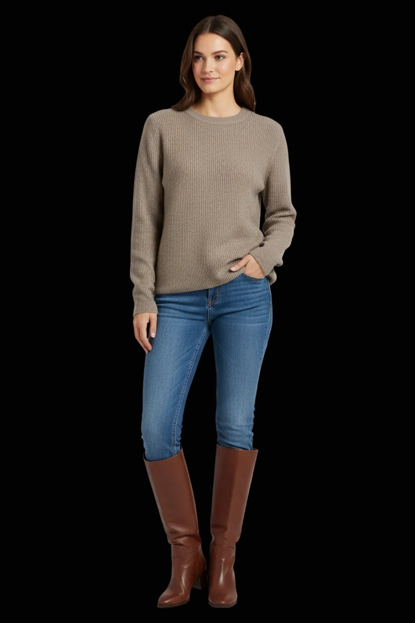 Mansted taupe yak wool knit crew-neck sweater on model