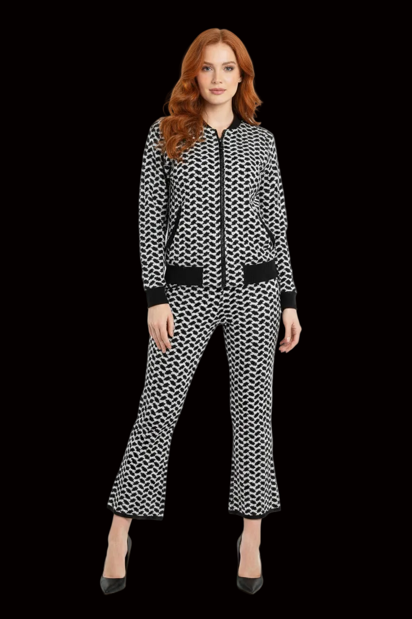 Lala Berlin cotton two-piece set: bomber jacket + flared trousers in black & white graphic — rent from Laura Messerschmitt, Berlin stylist