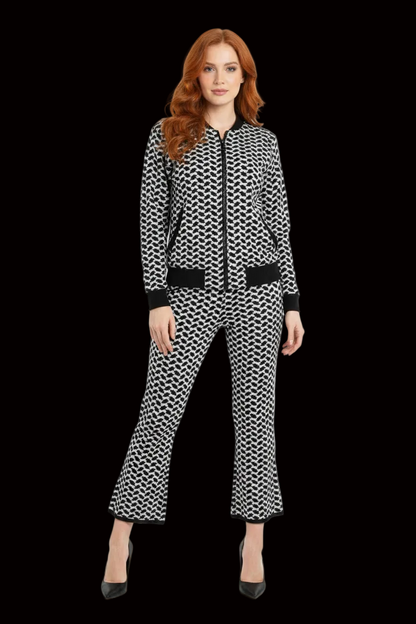 Lala Berlin cotton two-piece set: bomber jacket + flared trousers in black & white graphic — rent from Laura Messerschmitt, Berlin stylist