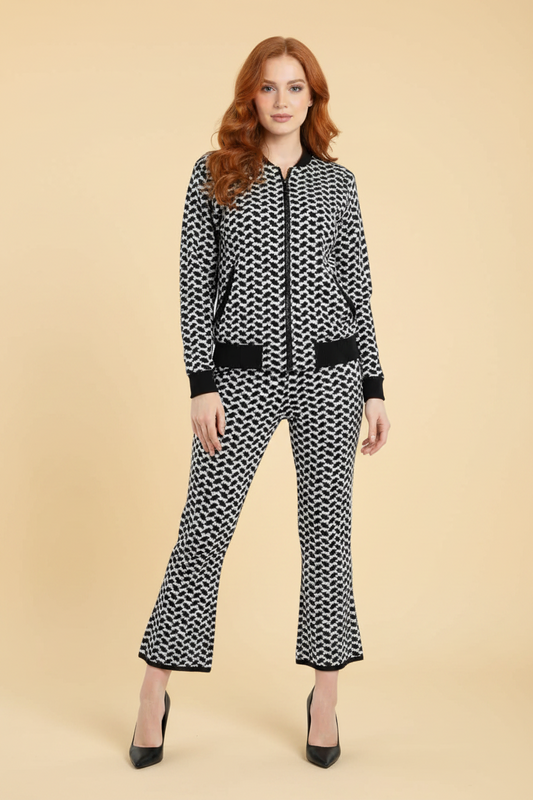 Lala Berlin cotton two-piece set: bomber jacket + flared trousers in black & white graphic — rent from Laura Messerschmitt, Berlin stylist