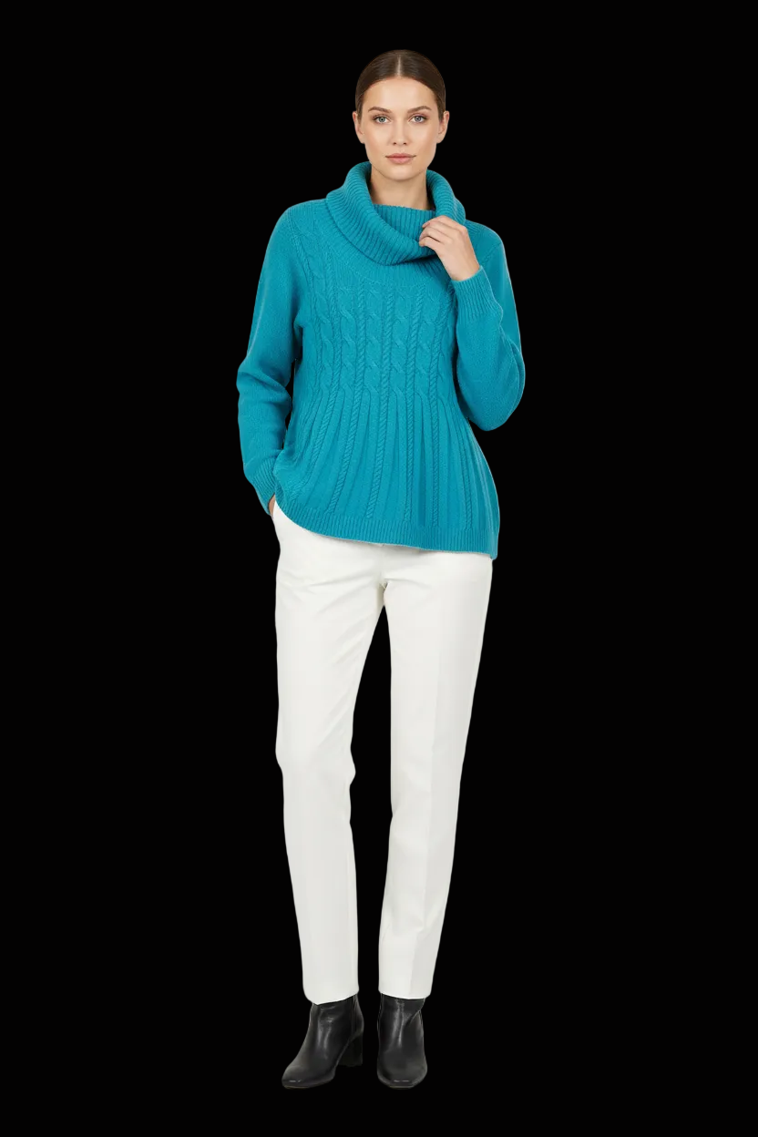 Laurèl wool cashmere cable knit cowl neck pullover in teal — view 1