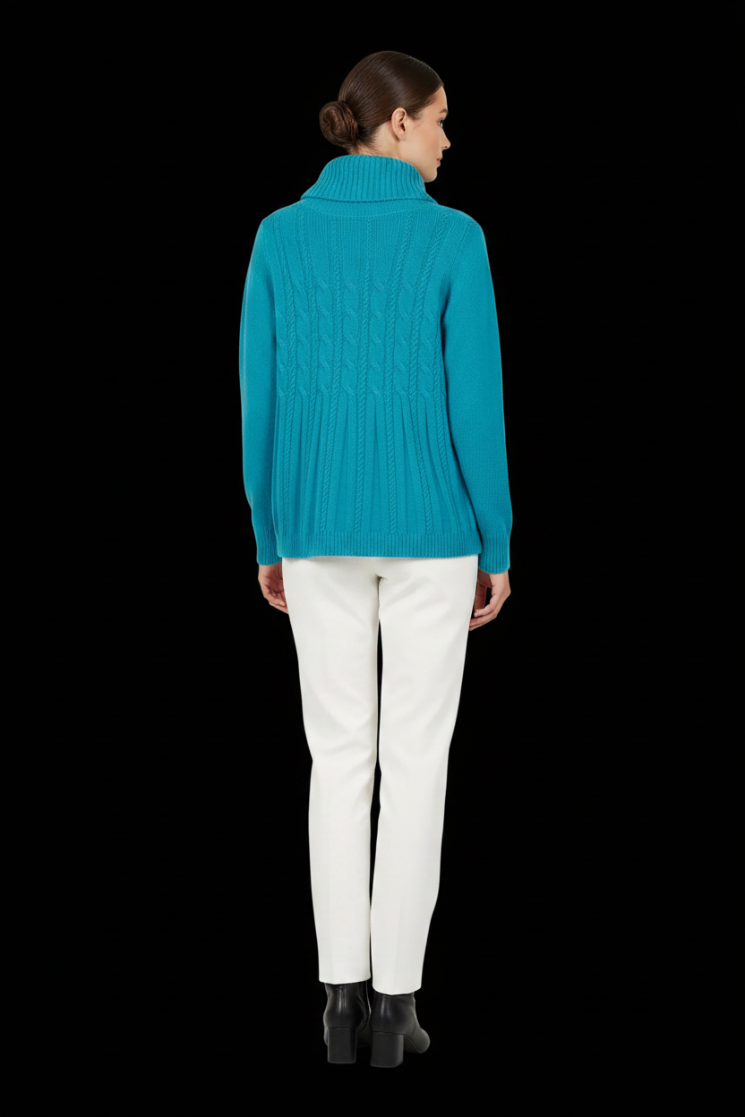 Laurèl — Wool-Cashmere Cable-Knit Cowl-Neck Pullover in Teal