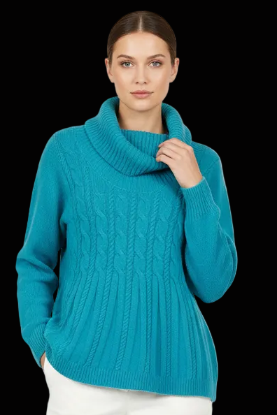Laurèl wool-cashmere cable-knit cowl-neck pullover in teal — rent from Laura Messerschmitt, Berlin stylist