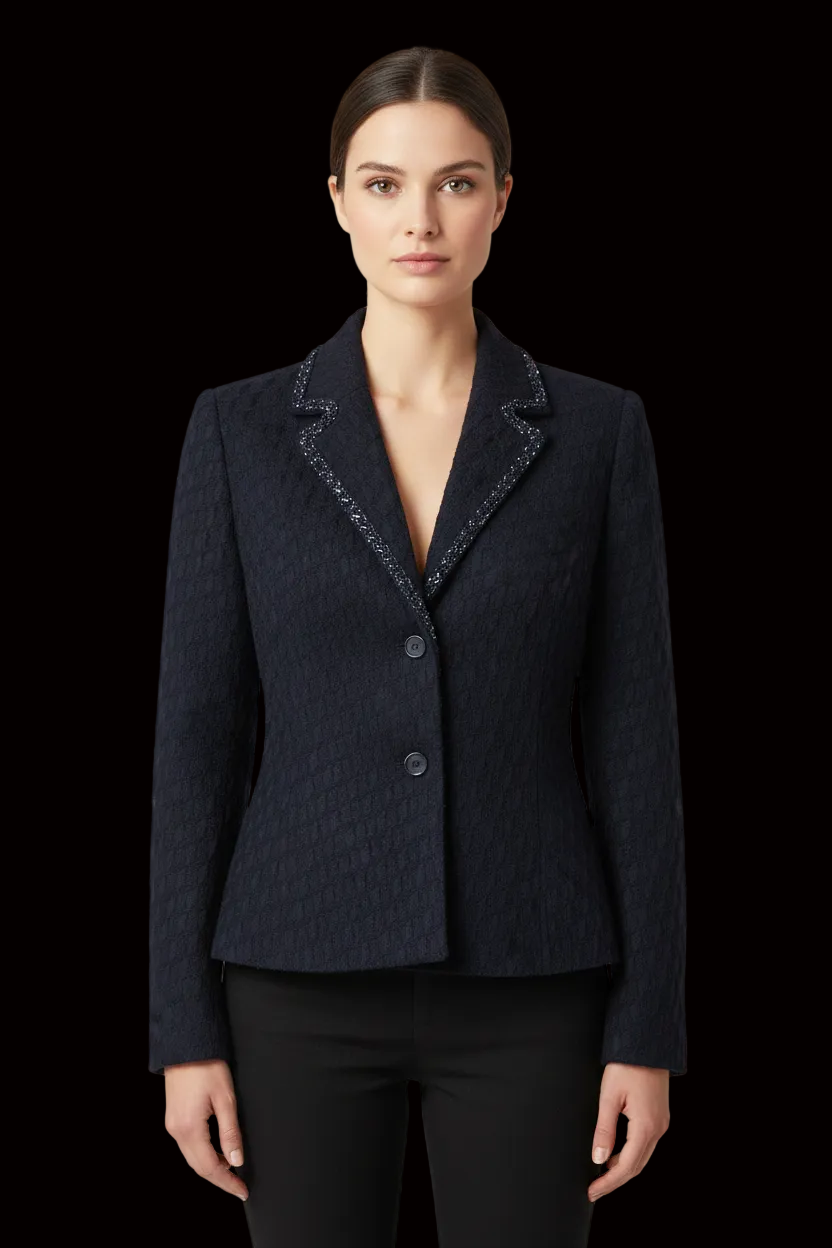 Loewe Madrid textured wool blazer with beaded lapel trim in navy — rent from Laura Messerschmitt, Berlin stylist