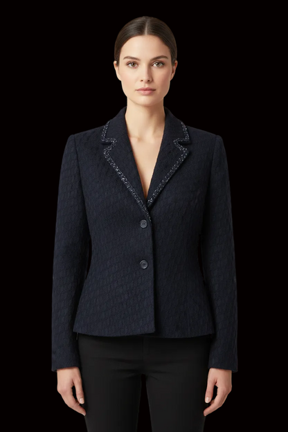 Loewe Madrid textured wool blazer with beaded lapel trim in navy — rent from Laura Messerschmitt, Berlin stylist