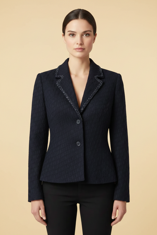 Loewe Madrid textured wool blazer with beaded lapel trim in navy — rent from Laura Messerschmitt, Berlin stylist