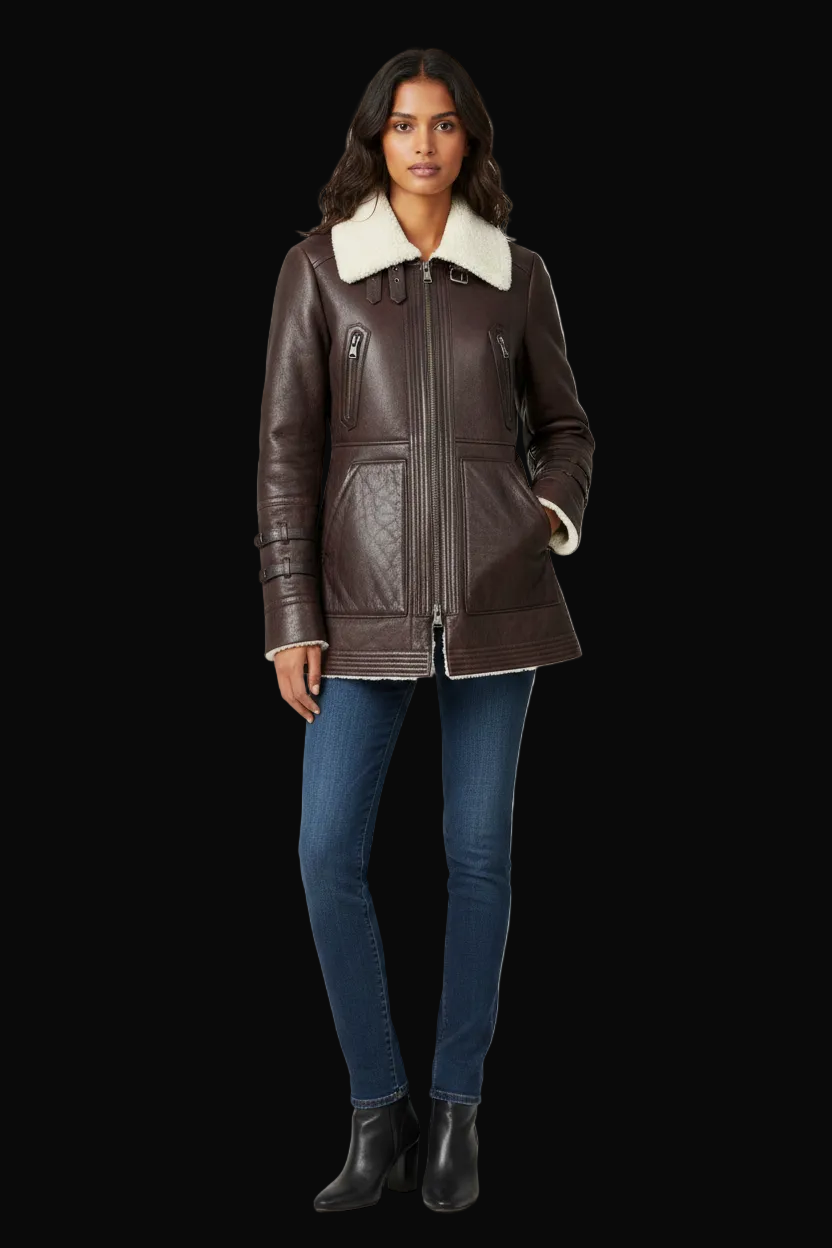 Laurèl — Shearling Coat with Cream Collar in Oxblood Brown