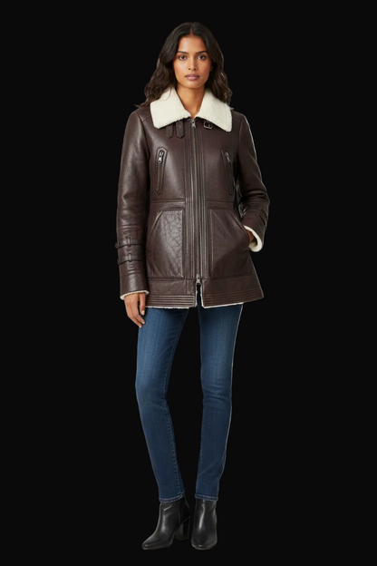 Laurèl — Shearling Coat with Cream Collar in Oxblood Brown