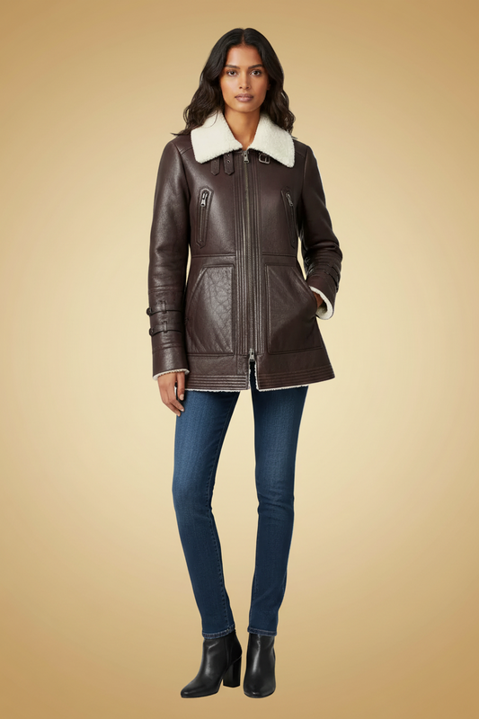 Laurèl — Shearling Coat with Cream Collar in Oxblood Brown