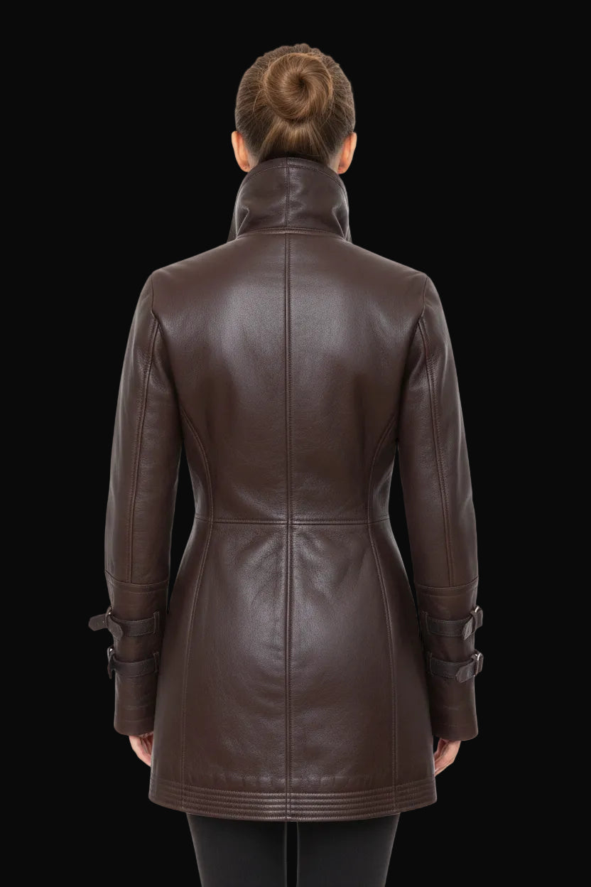 Laurèl shearling coat with cream collar in oxblood brown — view 2