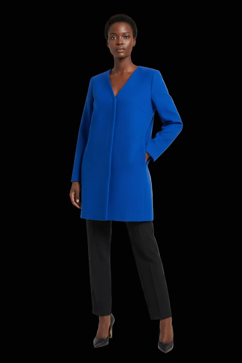 Longchamp — Cotton Collarless Coat in Cobalt Blue