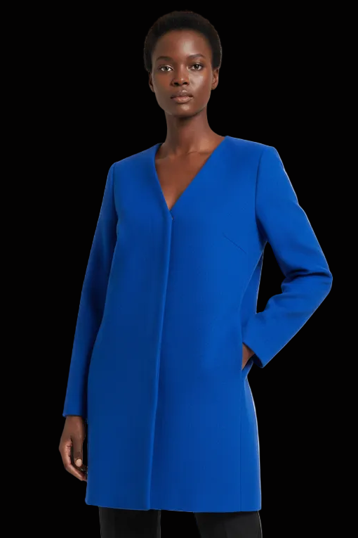Longchamp cotton collarless coat in cobalt blue — rent from Laura Messerschmitt, Berlin stylist