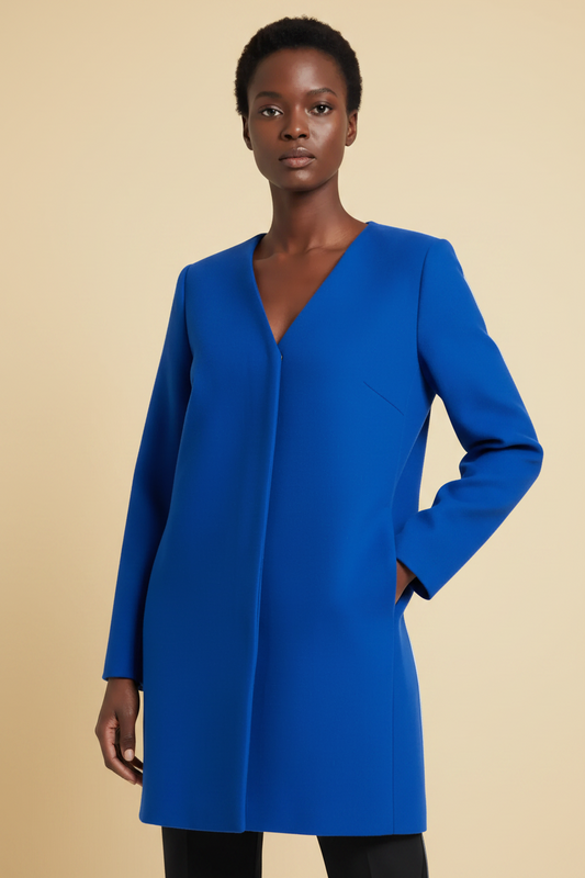 Longchamp cotton collarless coat in cobalt blue — rent from Laura Messerschmitt, Berlin stylist