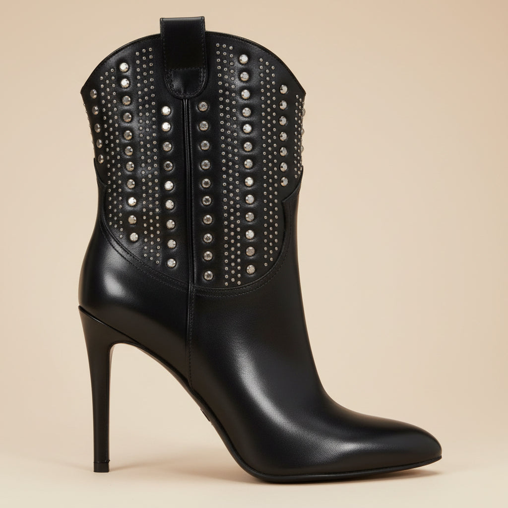 Saint Laurent Debbie 100 Studded Western Ankle Boots – Black – Size EU 40 –