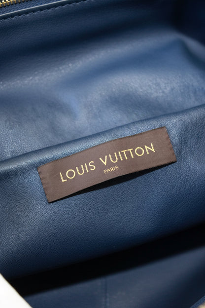 Louis Vuitton Paris leather trousers with tweed side panels in navy and white — view 4