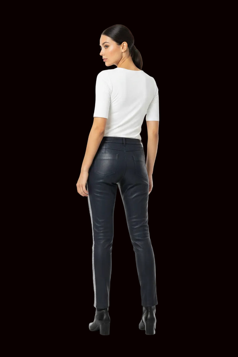 Louis Vuitton Paris leather trousers with tweed side panels in navy and white — view 1
