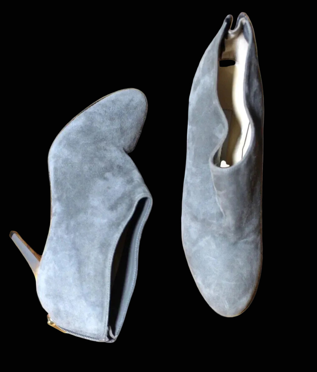 Jimmy Choo grey suede ankle boots with 10cm stiletto heel and V-cut front, side view