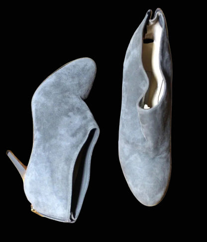 Jimmy Choo grey suede ankle boots with 10cm stiletto heel and V-cut front, side view