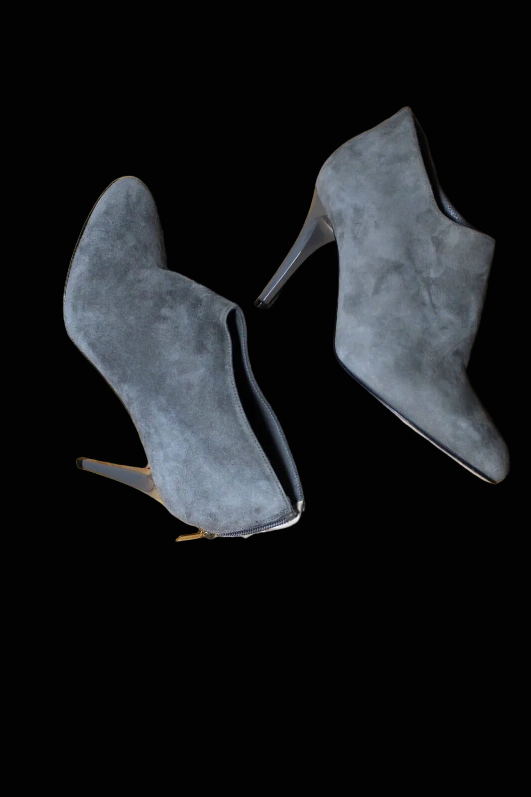 Jimmy Choo grey suede ankle boots showing pointed toe and stiletto heel profile
