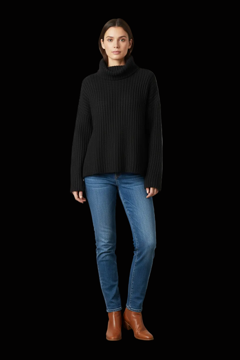 Joseph chunky ribbed wool turtleneck poncho cape in black — view 1