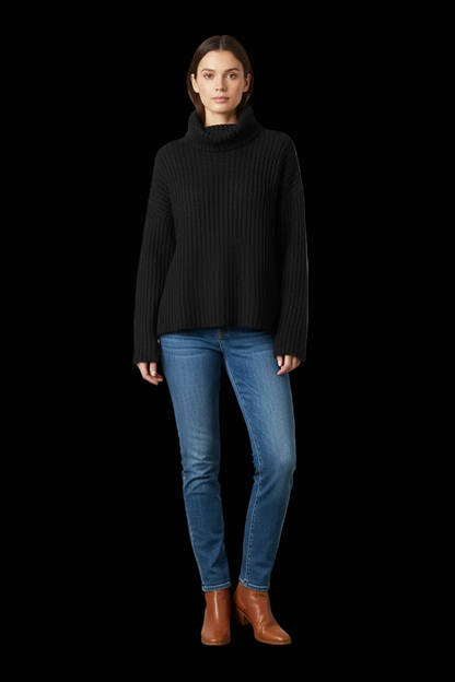 Joseph chunky ribbed wool turtleneck poncho cape in black — view 1