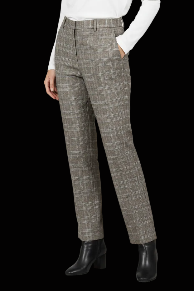 Hermès wool tailored trousers in grey glen plaid with brown overcheck — rent from Laura Messerschmitt, Berlin stylist
