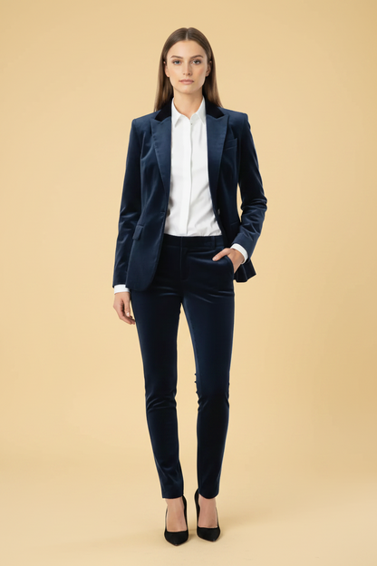J Brand — Velvet Two-Piece Suit: Blazer + Skinny Trousers in Midnight Blue Size 36