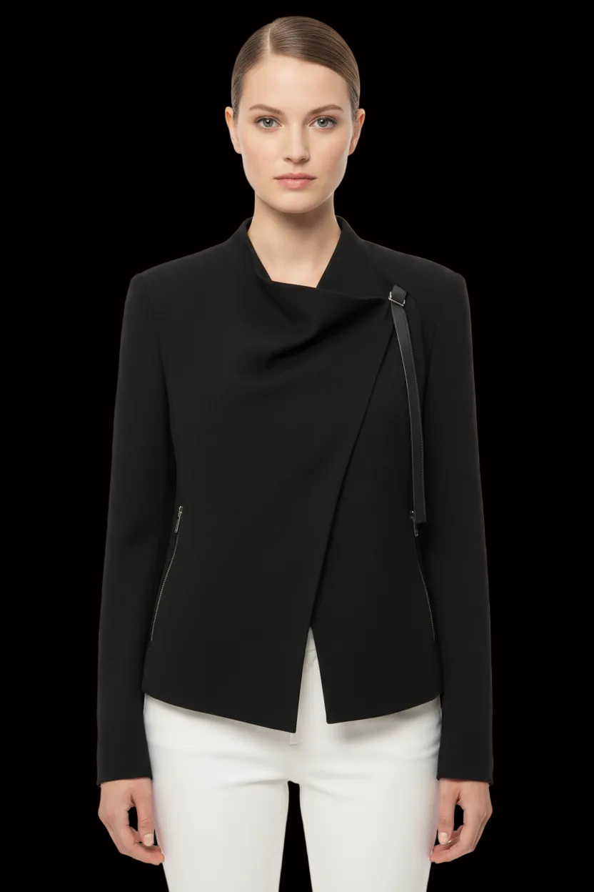 Helmut Lang asymmetric drape-front wool blazer in black — rent from Laura Messerschmitt, Berlin stylist