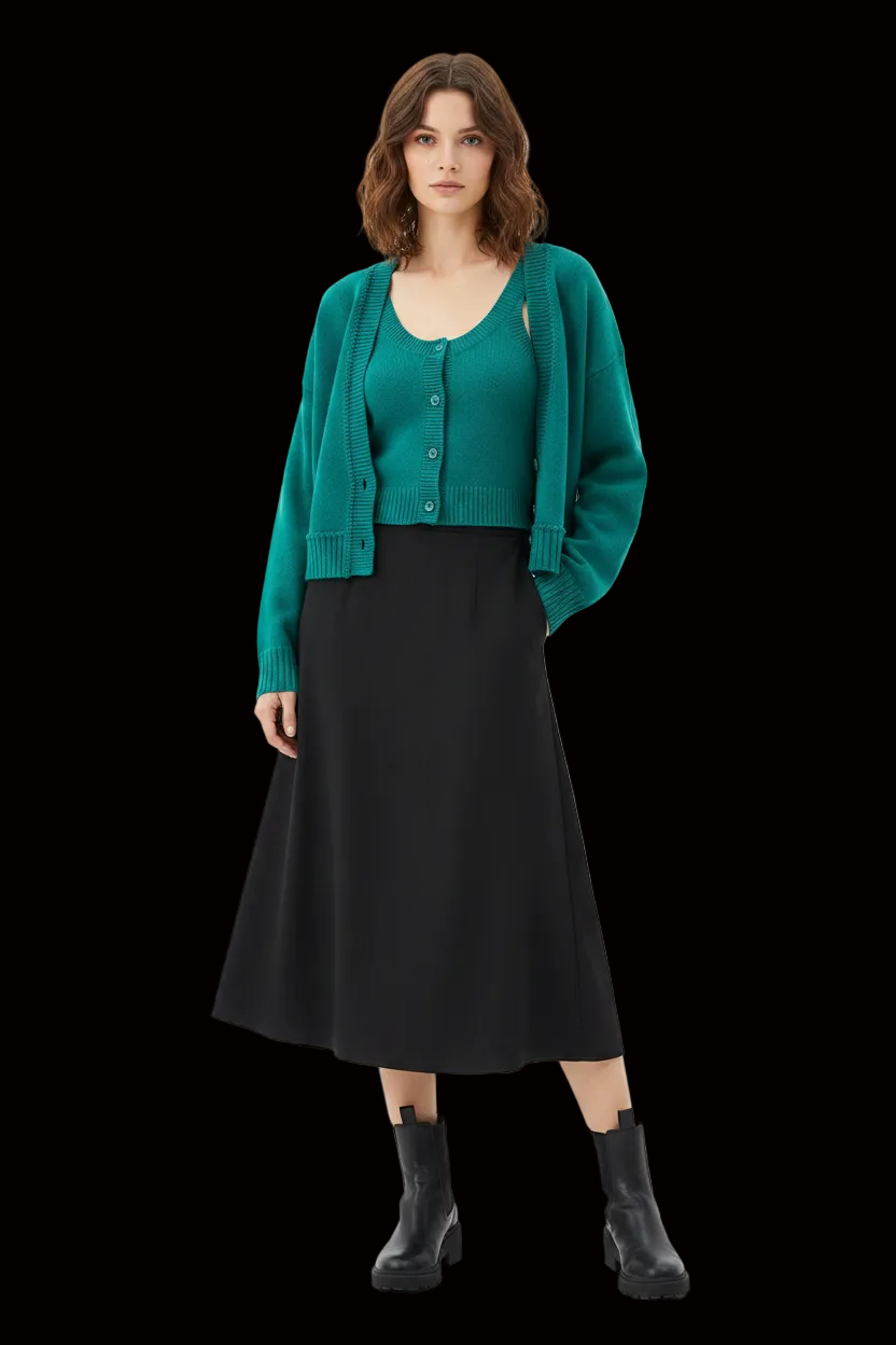 Dorothee Schumacher wool-cashmere twin set in emerald green — rent from Laura Messerschmitt, Berlin stylist