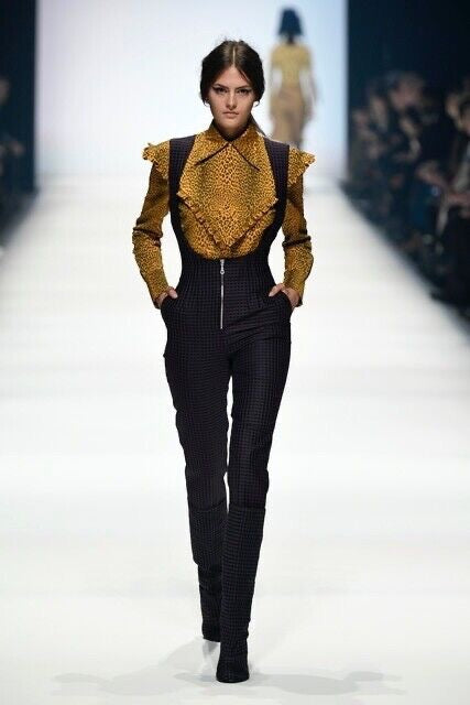 Danny Reinke FW2020/21 mustard printed silk ruffle-shoulder blouse runway view