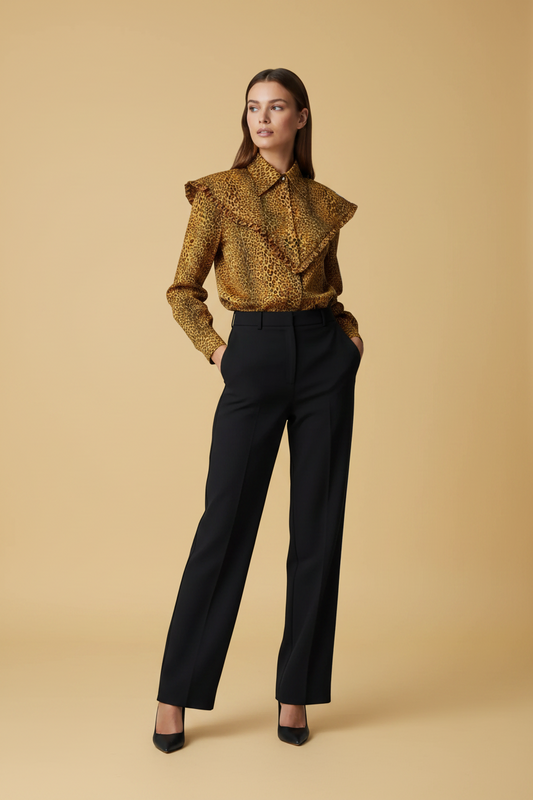 Danny Reinke fw2020/21 printed silk blouse in mustard — rent from Laura Messerschmitt, Berlin stylist