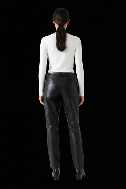 Céline — Vintage Lambskin Leather Trousers in Black with Gold Buckle Waist