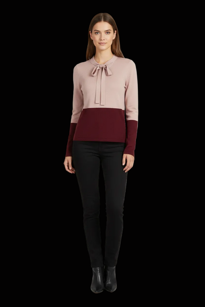 Diane von Furstenberg wool cashmere tie neck pullover in rose and burgundy — view 1