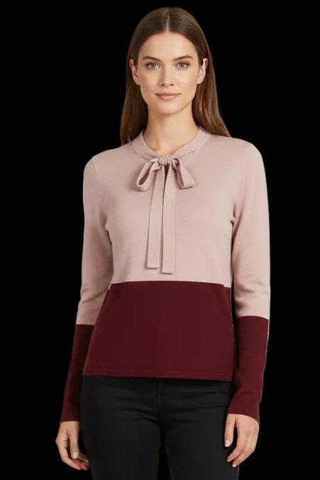 Diane von Furstenberg wool-cashmere tie-neck pullover in rose & burgundy — rent from Laura Messerschmitt, Berlin stylist