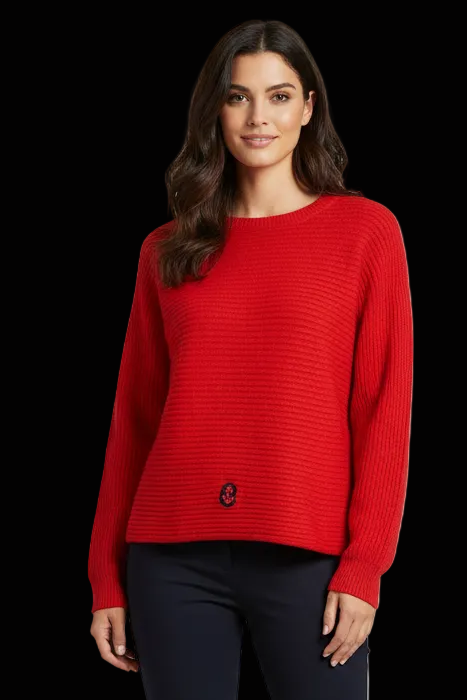 Christian Dior ribbed wool cropped pullover in poppy red with anchor embroidery — rent from Laura Messerschmitt, Berlin stylist